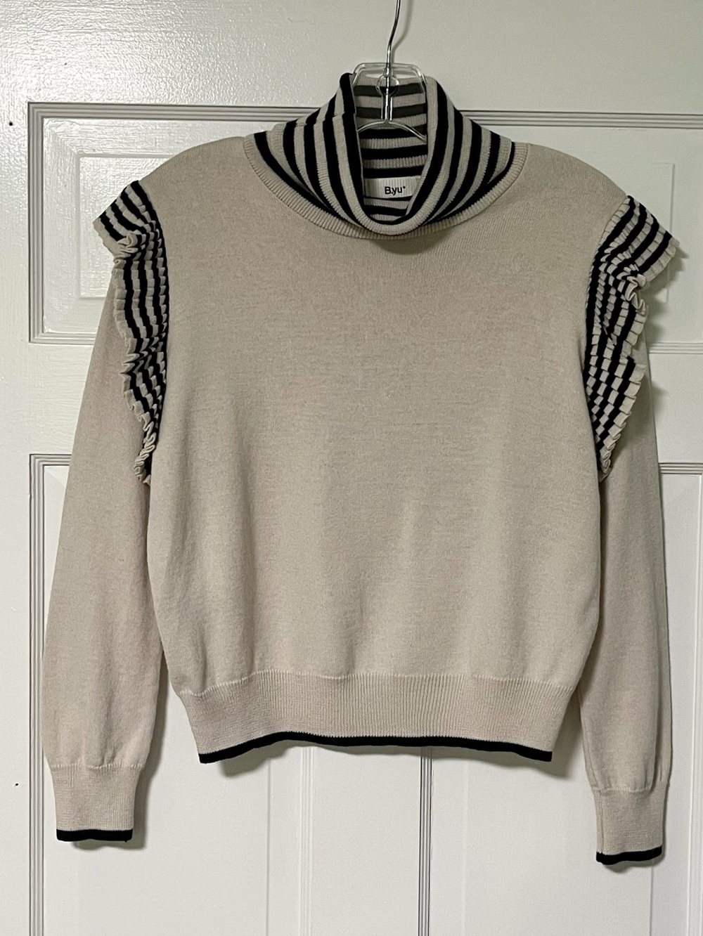 B.yu cream wool blend ruffled shoulders Long-sleeve turtleneck sweater